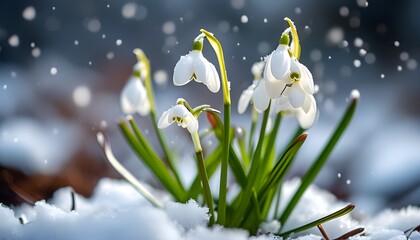 Wall Mural - delicate white snowdrop flowers emerging through the snow in a serene outdoor winter landscape