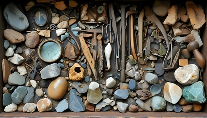 Wall Mural - Meticulously Organized Geology Drawer Showcasing Specimens, Rocks, and Antique Tools