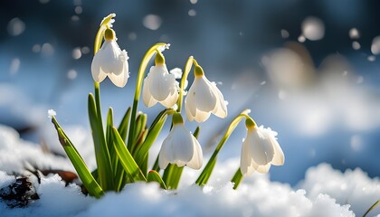 Wall Mural - delicate white snowdrop flowers emerging through the snow in a serene outdoor winter landscape