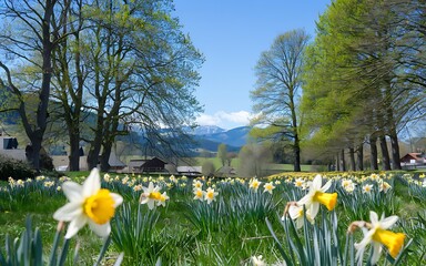 Springtime in the Alps, with a field of yellow daffodils in the foreground and a village in the background.