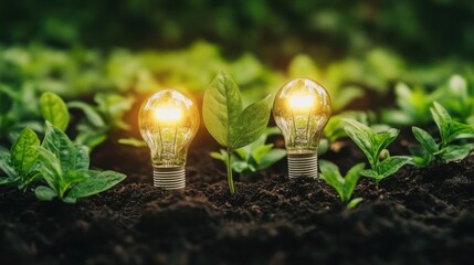 Two light bulbs are planted in the dirt next to a leafy green plant