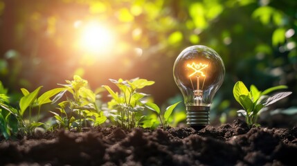 A light bulb is lit up in a field of green plants