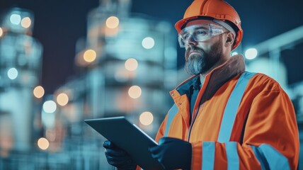 Engineer Observing Operations in Industrial Setting at Night