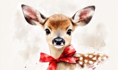 Poster - A cute deer with a red ribbon around its neck