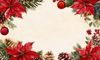 A white background with red poinsettias and red and green berries