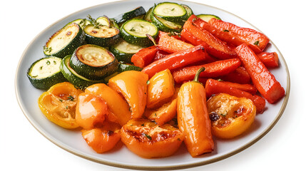 Wall Mural - Plate of roasted vegetables: carrots, zucchini, and bell peppers water color, isolated on white background