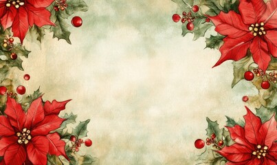 Wall Mural - A red and white Christmas card with a red poinsettia and red berries