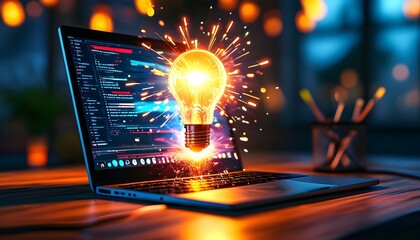 Wall Mural - Illuminating Ideas: A Bright Light Bulb on a Modern Laptop Symbolizing Digital Innovation and Creative Energy