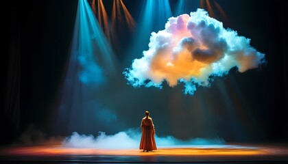 Wall Mural - Mystical Theatrical Performance with a Lone Observer and Vibrant Cloud Under Dramatic Lighting