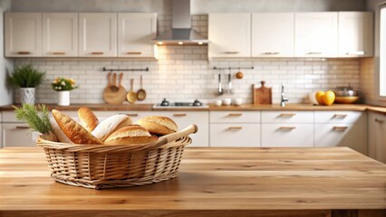 Aufkleber - Luxury wooden kitchen tabletop with bread basket, perfect for showcasing gourmet meals in a modern kitchen setting