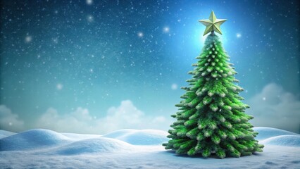 Poster - Green Christmas tree with a star on top surrounded by snow with copy space