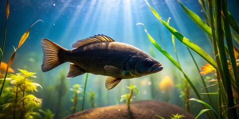 Vibrant Centrarchidae fish glide gracefully through a crystal-clear freshwater habitat, surrounded by lush aquatic