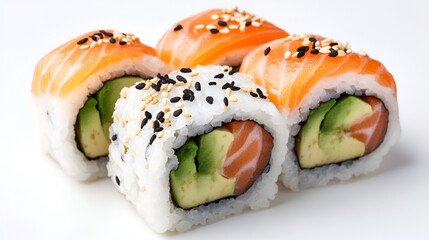 Wall Mural - Crispy sushi rolls with fresh avocado and salmon slices water color, isolated on white background