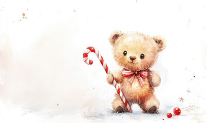 A teddy bear holding a red and white cane