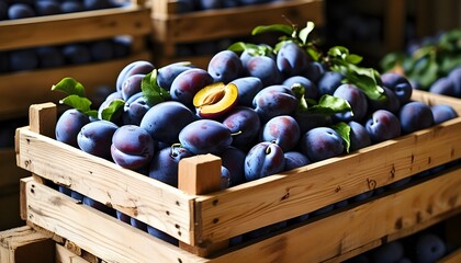 Wooden Box of Fresh Plums in a Rustic Warehouse Setting