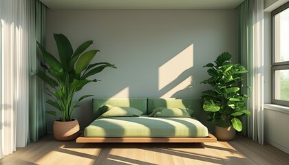 Wall Mural - Contemporary room design featuring a vibrant green plant, enhanced by morning sunlight casting dramatic shadows across the space