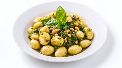 Wall Mural - Plate of gnocchi with rich pesto sauce and pine nuts water color, isolated on white background