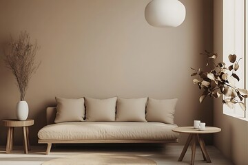 Interior design cozy room with cream sofa, cream walls and homelike environment