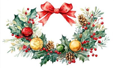 Poster - A wreath of holly with red ribbon and gold and yellow ornaments