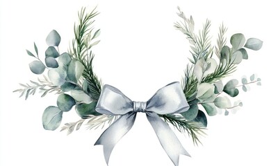 Wall Mural - A wreath of green leaves with a white ribbon