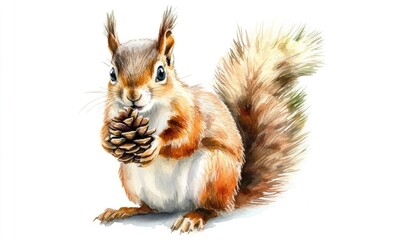 Wall Mural - A squirrel is holding a pine cone in its mouth