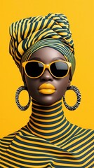 Sticker - Stylish African Woman with Yellow Stripes and Sunglasses.