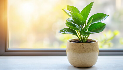 A vibrant green indoor plant is being watered in ceramic pot, bringing life and freshness to space. sunlight enhances plants lush leaves, creating serene atmosphere