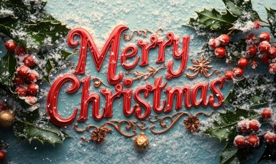 Poster - Merry Christmas is written in red letters on a blue background