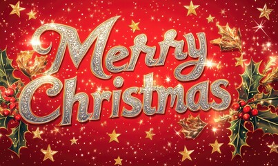 Poster - Merry Christmas is written in gold letters on a red background