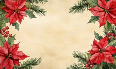 Poster - A red and green Christmas card with a red poinsettia and pine needles