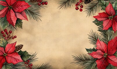 Poster - A red and green Christmas card with a red poinsettia and pine needles