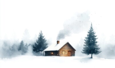 Wall Mural - A cabin in the woods with smoke coming out of the chimney