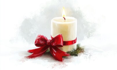 Poster - A candle with a red ribbon is lit on a white background