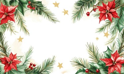 Poster - A white background with a red and green Christmas tree with red poinsettias