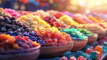 Vibrant assortment of colorful candies displayed in bowls at a market, creating a tempting and delightful visual treat.