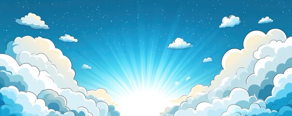 cartoon-style comic book cloud border with a stunning sunrise and blue sky background