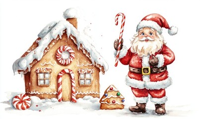 Wall Mural - A santa standing in front of a gingerbread house holding a candy cane