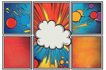 Wall Mural - Dynamic comic book template featuring colorful panels with speech bubbles and explosive pop art style designs