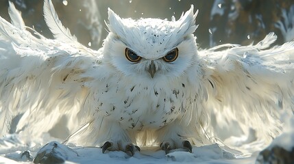 Wall Mural - A majestic snowy owl with its wings spread wide, standing on a snowy surface, with a fierce and determined look in its eyes.