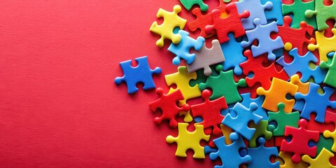 Aufkleber - Colorful plastic jigsaw puzzle on red paper with one piece missing, copy space available