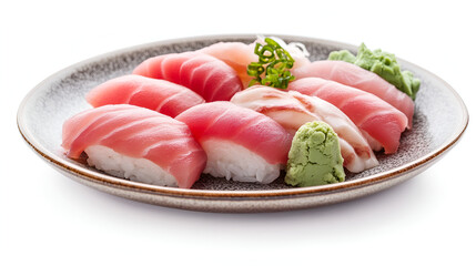 Wall Mural - Plate of sushi nigiri with bright pink tuna and wasabi water color, isolated on white background