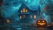 © Johannes - halloween poster featuring scary pumpkin house fantastic background generated ai