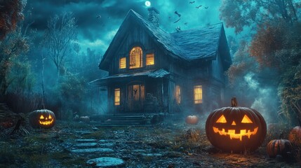 halloween poster featuring scary pumpkin house fantastic background generated ai