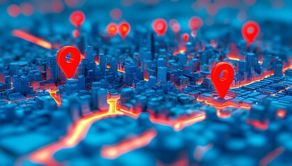 Wall Mural - Vibrant 3D digital city map in blue tones adorned with striking red location markers showcasing key points of interest