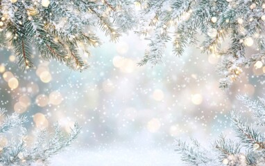 Wall Mural - snow-covered pine branches framing a soft, blurred winter background with falling snowflakes.