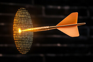 Poster - A glowing golden dart is about to pierce target made of binary code, symbolizing precision and focus in digital world. image captures essence of accuracy and technology