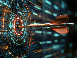 Poster - A digital dart hitting center of virtual target, showcasing precision and focus in high tech environment. vibrant colors and intricate design create an engaging visual experience