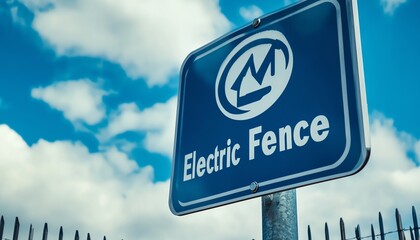 Blue Sign Warning of an Electric Fence with a Cloudy Sky Background