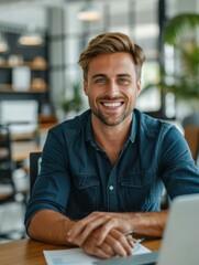 Poster - A smiling man sitting at a desk. AI.