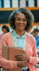 Poster - A woman smiles warmly while holding a stack of folders. AI.